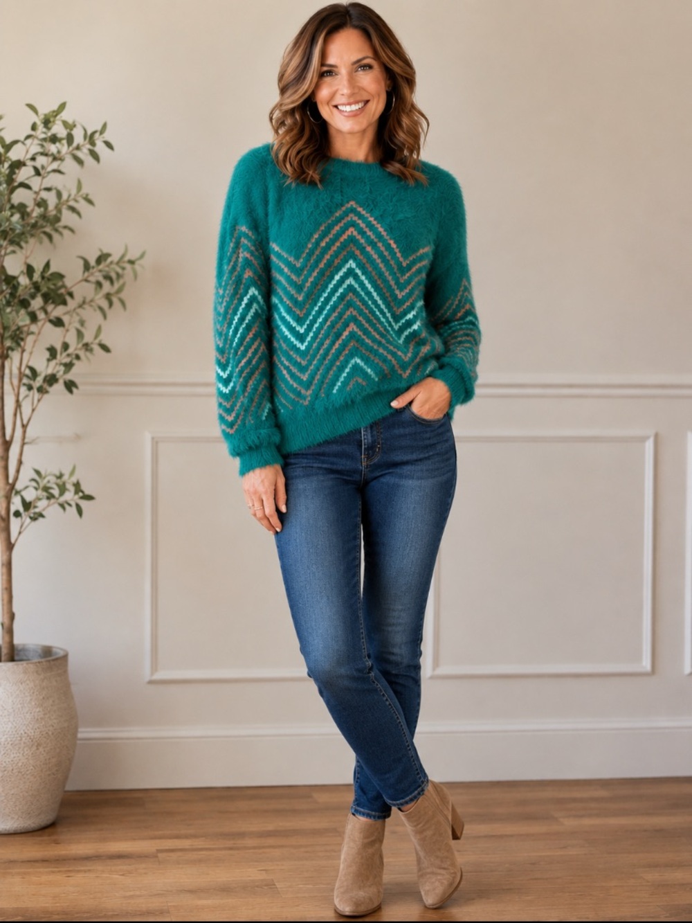 Listicle Teal Chevron Crewneck Sweater with Cream & Gray Accents